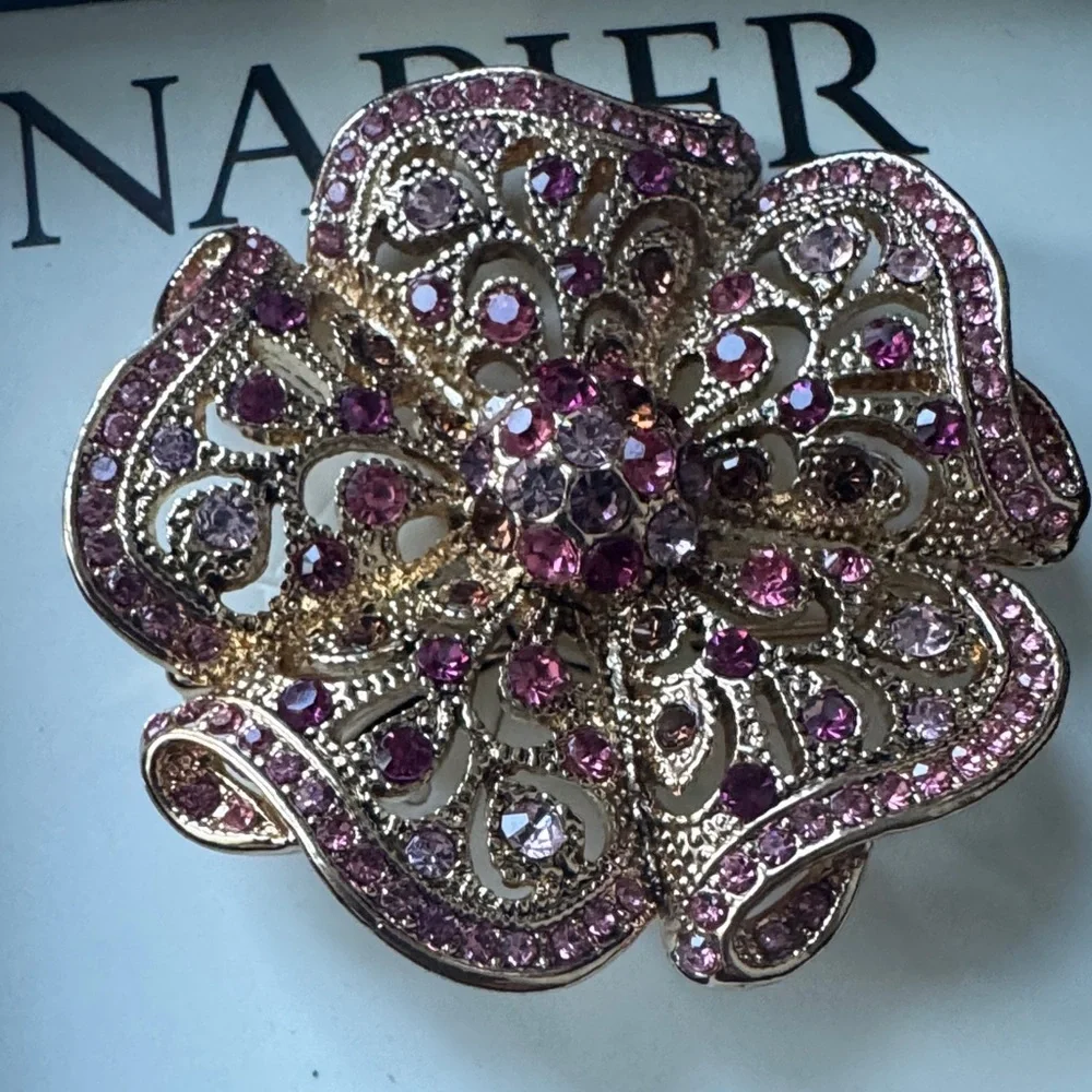 Napier Pink and Gold Floral Brooch - Picture 1 of 4
